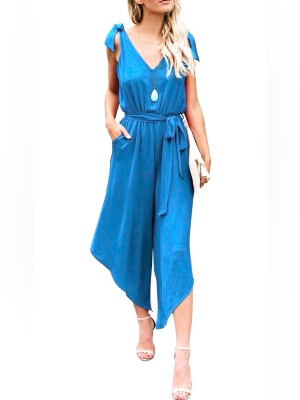 Belongsci Sleeveless Blue V-Neck Wide Leg Jumpsuit with Tie Waist Size XL